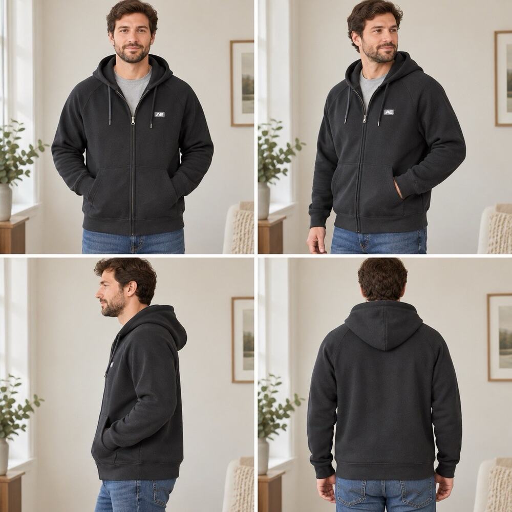 American Eagle Men’s XL Black Full Zip Hoodie Embroidered Logo Spellout